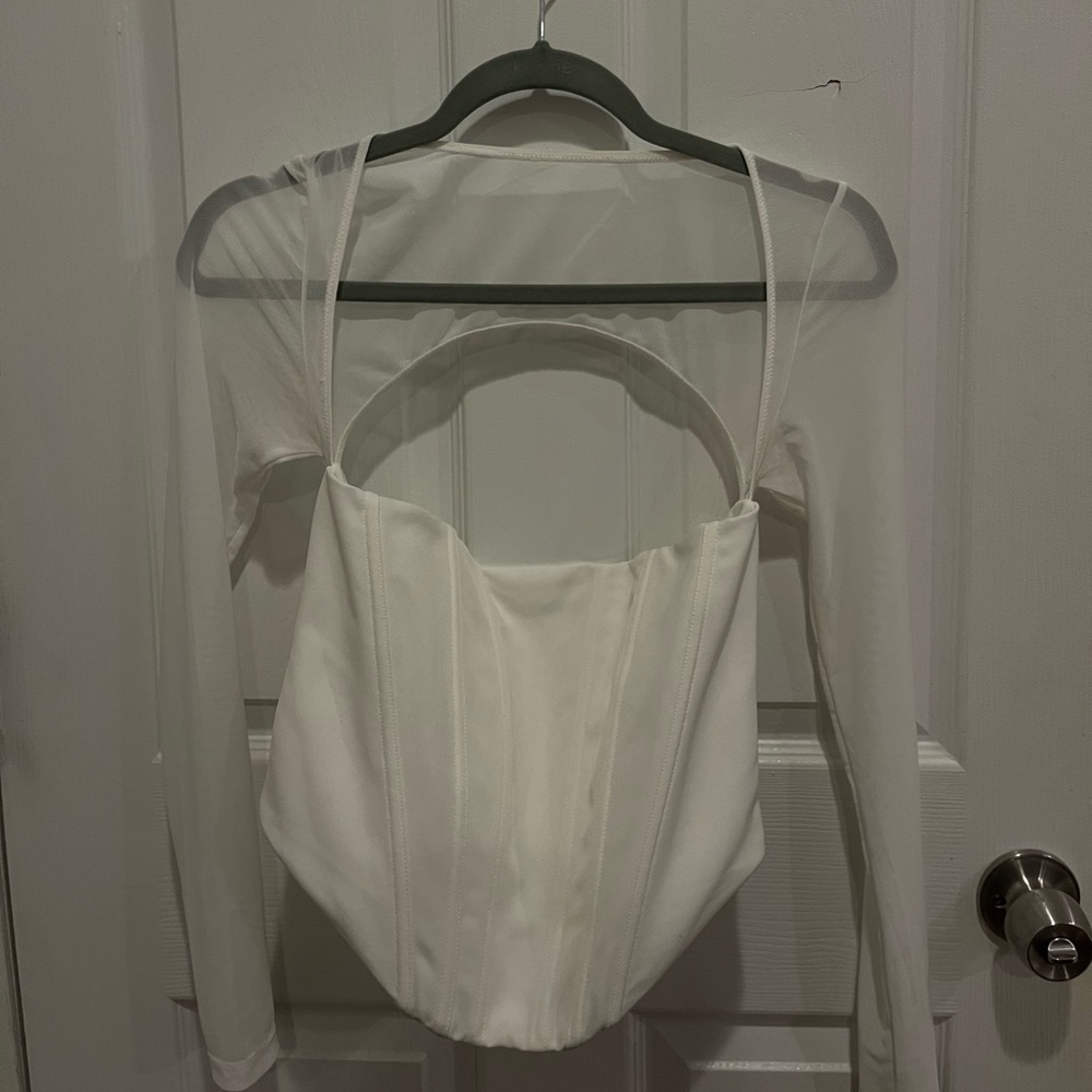 White Fox White Corset top with mesh long sleeves. Size Medium